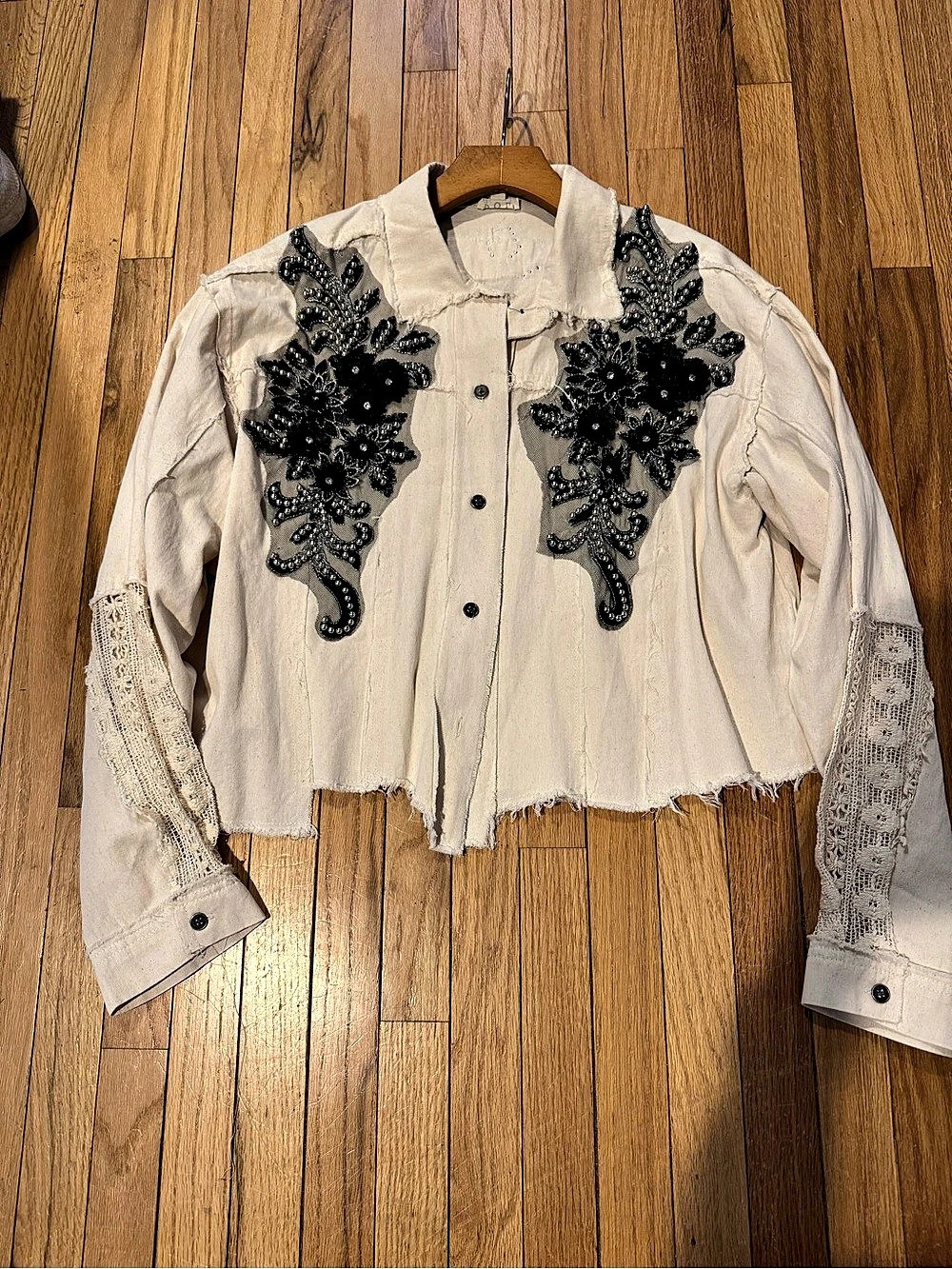POL Stepping Up Big Jacket Embellished with lace, black appliqué  light Jacket ￼